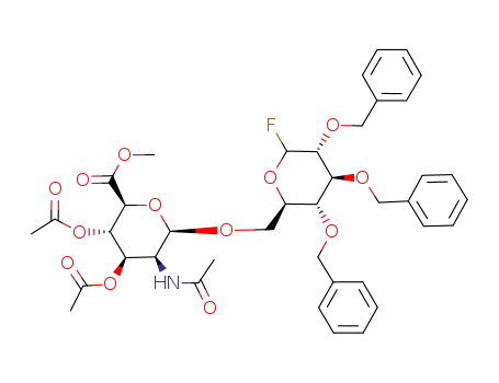 Molecular Structure of 152252-37-4 ((2S,3S,4R,5S,6R)-3,4-Diacetoxy-5-acetylamino-6-((2R,3R,4S,5R)-3,4,5-tris-benzyloxy-6-fluoro-tetrahydro-pyran-2-ylmethoxy)-tetrahydro-pyran-2-carboxylic acid methyl ester)