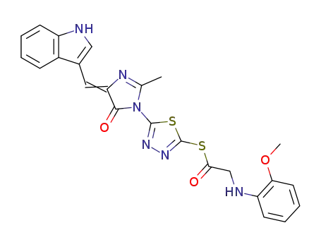 Molecular Structure of 127248-81-1 (S-{5-[(4E)-4-(1H-indol-3-ylmethylidene)-2-methyl-5-oxo-4,5-dihydro-1H-imidazol-1-yl]-1,3,4-thiadiazol-2-yl} [(2-methoxyphenyl)amino]ethanethioate)