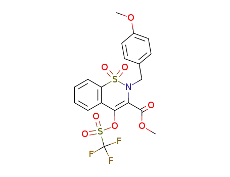 Molecular Structure of 182164-00-7 (2-(4-methoxy-benzyl)-1,1-dioxo-4-(trifluoro-methanesulfonyloxy)-1,2-dihydro-1λ6-benzo[e][1,2]thiazine-3-carboxylic acid methyl ester)