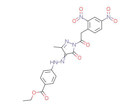 Molecular Structure of 84384-66-7 (4-{N'-[1-[2-(2,4-Dinitro-phenyl)-acetyl]-3-methyl-5-oxo-1,5-dihydro-pyrazol-(4E)-ylidene]-hydrazino}-benzoic acid ethyl ester)