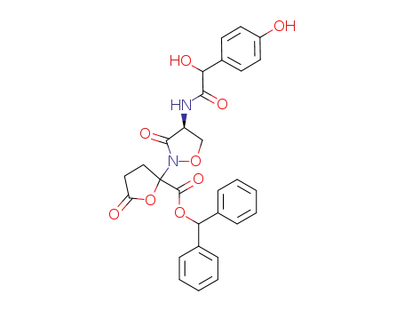 Molecular Structure of 106945-38-4 (2-{(S)-4-[2-Hydroxy-2-(4-hydroxy-phenyl)-acetylamino]-3-oxo-isoxazolidin-2-yl}-5-oxo-tetrahydro-furan-2-carboxylic acid benzhydryl ester)