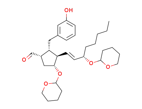 Molecular Structure of 81846-07-3 ((1S,2R,3R,4R)-2-(3-Hydroxy-benzyl)-4-(tetrahydro-pyran-2-yloxy)-3-[(E)-(S)-3-(tetrahydro-pyran-2-yloxy)-oct-1-enyl]-cyclopentanecarbaldehyde)