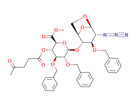Molecular Structure of 104616-10-6 (1,6-anhydro-2-azido-3-O-benzyl-2-deoxy-4-O-(methyl 2,3-di-O-benzyl-4-O-levulinoyl-β-D-glucopyranosyluronato)-α-D-glucopyranose)