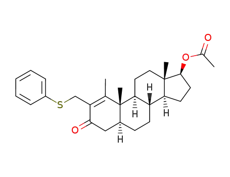 Molecular Structure of 127557-42-0 (17β-acetyloxy-1-methyl-2-<(phenylthio)methyl>-5α-androst-1-en-3-one)
