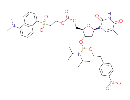 Molecular Structure of 156159-78-3 (5'-O-(2-dansylethoxycarbonyl)-thymidine 3'-<2-(4-nitrophenyl)ethyl N,N-diisopropylphosphoramidite>)