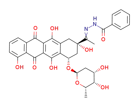 Molecular Structure of 76203-82-2 (Benzoic acid [1-[(2S,4S)-4-((2R,4S,5S,6S)-4,5-dihydroxy-6-methyl-tetrahydro-pyran-2-yloxy)-2,5,7,12-tetrahydroxy-6,11-dioxo-1,2,3,4,6,11-hexahydro-naphthacen-2-yl]-eth-(E)-ylidene]-hydrazide)