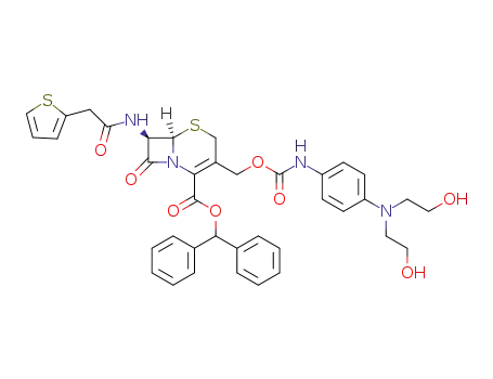 Molecular Structure of 135508-72-4 ((6R,7R)-3-{4-[Bis-(2-hydroxy-ethyl)-amino]-phenylcarbamoyloxymethyl}-8-oxo-7-(2-thiophen-2-yl-acetylamino)-5-thia-1-aza-bicyclo[4.2.0]oct-2-ene-2-carboxylic acid benzhydryl ester)