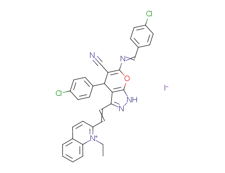 Molecular Structure of 136869-96-0 (2-[(E)-2-(4-(4-Chloro-phenyl)-6-{[1-(4-chloro-phenyl)-meth-(E)-ylidene]-amino}-5-cyano-1,4-dihydro-pyrano[2,3-c]pyrazol-3-yl)-vinyl]-1-ethyl-quinolinium; iodide)