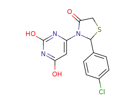 Molecular Structure of 88351-92-2 (2,4(1H,3H)-Pyrimidinedione,
6-[2-(4-chlorophenyl)-4-oxo-3-thiazolidinyl]-)