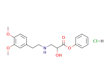 Molecular Structure of 83230-56-2 (Propanoic acid, 3-[[2-(3,4-dimethoxyphenyl)ethyl]amino]-2-hydroxy-,
phenyl ester, hydrochloride)