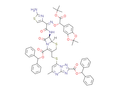 diphenylmethyl (6R,7R)-7-<2-(2-amino-4-thiazolyl)-2-<(Z)-<(S)-t-butoxycarbonyl(3,4-isopropylidenedioxyphenyl)methyl>oxyimino>acetamido>-3-<<<2-(diphenylmethyl)oxycarbonyl>-5-methyl<1,2,4>triazolo<1,5-a>pyrimidin-7-yl>thiomethyl>-8-oxo-5-thia-1-azabicycl