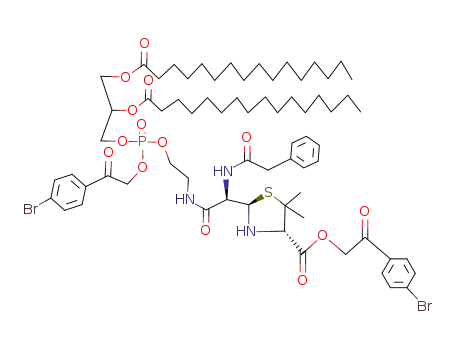 Molecular Structure of 94451-74-8 ((2R,4S)-2-[(R)-(2-{(2,3-Bis-hexadecanoyloxy-propoxy)-[2-(4-bromo-phenyl)-2-oxo-ethoxy]-phosphoryloxy}-ethylcarbamoyl)-phenylacetylamino-methyl]-5,5-dimethyl-thiazolidine-4-carboxylic acid 2-(4-bromo-phenyl)-2-oxo-ethyl ester)