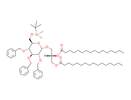 Hexadecanoic acid (S)-1-hexadecanoyloxymethyl-2-[(2S,3R,4S,5R,6R)-3,4,5-tris-benzyloxy-6-(tert-butyl-dimethyl-silanyloxymethyl)-tetrahydro-pyran-2-yloxy]-ethyl ester