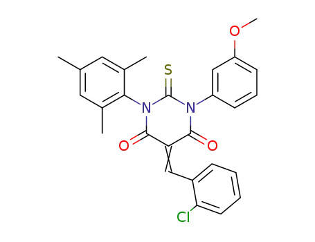 Molecular Structure of 79838-87-2 (4,6(1H,5H)-Pyrimidinedione, dihydro-5-((2-chlorophenyl)methylene)-1-(3 -methoxyphenyl)-2-thioxo-3-(2,4,6-trimethylphenyl)-)