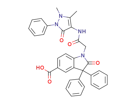 Molecular Structure of 100549-94-8 (1-{2-[(1,5-dimethyl-3-oxo-2-phenyl-2,3-dihydro-1H-pyrazol-4-yl)amino]-2-oxoethyl}-2-oxo-3,3-diphenyl-2,3-dihydro-1H-indole-5-carboxylic acid)