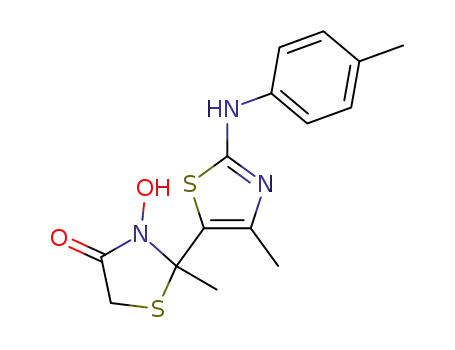Molecular Structure of 88324-20-3 (4-Thiazolidinone,
3-hydroxy-2-methyl-2-[4-methyl-2-[(4-methylphenyl)amino]-5-thiazolyl]-)