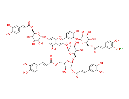Molecular Structure of 110064-60-3 (1-Benzopyrylium,3-[[6-O-[2,5-bis-O-[(2E)-3-(3,4-dihydroxyphenyl)-1-oxo-2-propenyl]-a-L-arabinofuranosyl]-b-D-glucopyranosyl]oxy]-7-[[6-O-[(2E)-3-(3,4-dihydroxyphenyl)-1-oxo-2-propenyl]-b-D-glucopyranosyl]oxy]-2-[3-[[6-O-[(2E)-3-(3,4-dihydroxyphenyl)-1-oxo-2-propenyl]-b-D-glucopyranosyl]oxy]-4-hydroxyphenyl]-5-hydroxy-,chloride (9CI))