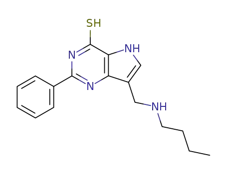 Molecular Structure of 93587-38-3 (4H-Pyrrolo[3,2-d]pyrimidine-4-thione,
7-[(butylamino)methyl]-1,5-dihydro-2-phenyl-)