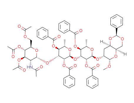 methyl (2-acetamido-3,4,6-tri-O-acetyl-2-deoxy-α-D-glucopyranosyl)-(1->3)-(2,4-di-O-benzoyl-α-L-rhamnopyranosyl)-(1->3)-(2,4-di-O-benzoyl-α-L-rhamnopyranosyl)-(1->2)-4,6-O-benzylidene-3-deoxy-α-D-xylo-hexopyranoside