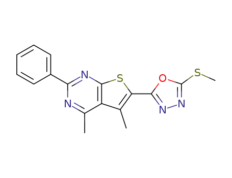 Molecular Structure of 139765-72-3 (Thieno[2,3-d]pyrimidine,
4,5-dimethyl-6-[5-(methylthio)-1,3,4-oxadiazol-2-yl]-2-phenyl-)