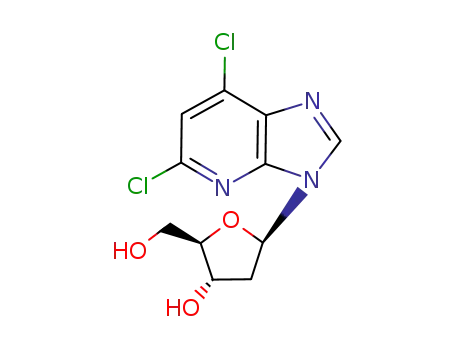 Molecular Structure of 159944-82-8 (5,7-dichloro-3-(2-deoxy-β-D-erythro-pentofuranosyl)-3H-imidazo[4,5-b]pyridine)