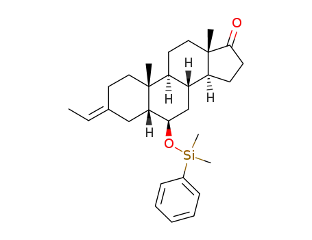 Molecular Structure of 181770-90-1 ((5R,6R,8R,9S,10R,13S,14S)-6-(Dimethyl-phenyl-silanyloxy)-3-eth-(E)-ylidene-10,13-dimethyl-hexadecahydro-cyclopenta[a]phenanthren-17-one)