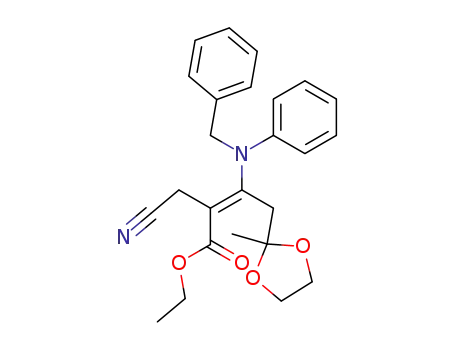 Molecular Structure of 174362-06-2 ((E)-3-(Benzyl-phenyl-amino)-2-cyanomethyl-4-(2-methyl-[1,3]dioxolan-2-yl)-but-2-enoic acid ethyl ester)