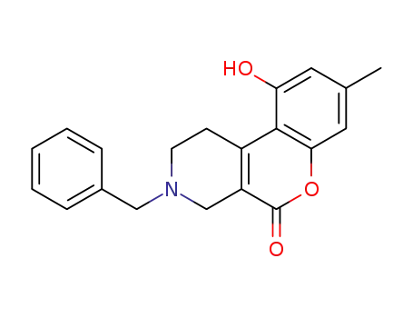 Molecular Structure of 27296-60-2 (1,2,3,4-Tetrahydro-3-benzyl-10-hydroxy-8-methyl-5H-[1]benzopyrano[3,4-c]pyridin-5-one)