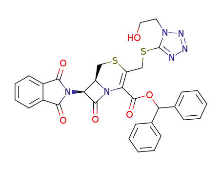 Molecular Structure of 136278-83-6 ((6S,7S)-7-(1,3-Dioxo-1,3-dihydro-isoindol-2-yl)-3-[1-(2-hydroxy-ethyl)-1H-tetrazol-5-ylsulfanylmethyl]-8-oxo-4-thia-1-aza-bicyclo[4.2.0]oct-2-ene-2-carboxylic acid benzhydryl ester)