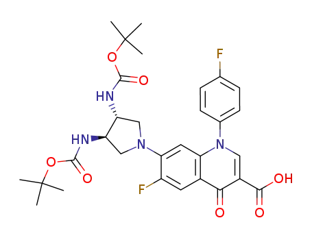 Molecular Structure of 205251-42-9 (7-((3R,4R)-3,4-Bis-tert-butoxycarbonylamino-pyrrolidin-1-yl)-6-fluoro-1-(4-fluoro-phenyl)-4-oxo-1,4-dihydro-quinoline-3-carboxylic acid)