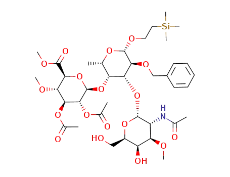 Molecular Structure of 154925-61-8 (2-(trimethylsilyl)ethyl (2-acetamido-2-deoxy-3-O-methyl-α-D-galactopyranosyl)-(1<*>3)-<methyl (2,3-di-O-acetyl-4-O-methyl-β-D-glucopyranosyluronate)-(1<*>4)>-2-O-benzyl-β-L-fucopyranoside)