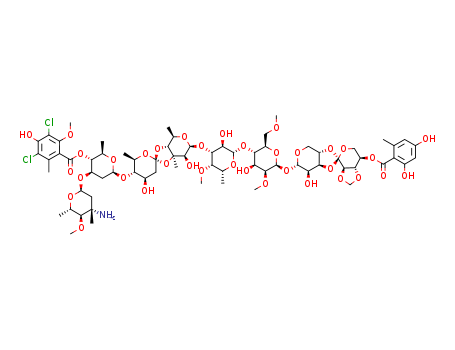 Molecular Structure of 104841-33-0 (b-D-Mannopyranoside,O-(1R)-4-O-(2,4-dihydroxy-6-methylbenzoyl)-2,3-O-methylene-D-xylopyranosylidene-(1®3-4)-a-L-lyxopyranosyl O-3-amino-2,3,6-trideoxy-3-C-methyl-4-O-methyl-a-L-arabino-hexopyranosyl-(1®3)-O-2,6-dideoxy-4-O-(3,5-dichloro-4-hydroxy-2-methoxy-6-methylbenzoyl)-b-D-arabino-hexopyranosyl-(1®4)-O-2,6-dideoxy-D-arabino-hexopyranosylidene-(1®3-4)-O-6-deoxy-3-C-methyl-b-D-mannopyranosyl-(1®3)-O-6-deoxy-4-O-methyl-b-D-galactopyranosyl-(1®4)-2,6-di-O-methyl- (9CI))