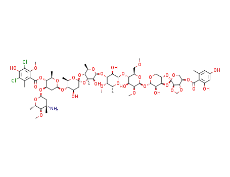b-D-Mannopyranoside,O-(1R)-4-O-(2,4-dihydroxy-6-methylbenzoyl)-2,3-O-methylene-D-xylopyranosylidene-(1®3-4)-a-L-lyxopyranosyl O-3-amino-2,3,6-trideoxy-3-C-methyl-4-O-methyl-a-L-arabino-hexopyranosyl-(1®3)-O-2,6-dideoxy-4-O-(3,5-dichloro-4-hydroxy-2-methoxy-6-methylbenzoyl)-b-D-arabino-hexopyranosyl-(1®4)-O-2,6-dideoxy-D-arabino-hexopyranosylidene-(1®3-4)-O-6-deoxy-3-C-methyl-b-D-mannopyranosyl-(1®3)-O-6-deoxy-4-O-methyl-b-D-galactopyranosyl-(1®4)-2,6-di-O-methyl- (9CI)