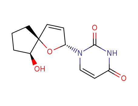 Molecular Structure of 629666-06-4 (2,4(1H,3H)-Pyrimidinedione,
1-[(2R,5S,6S)-6-hydroxy-1-oxaspiro[4.4]non-3-en-2-yl]-)