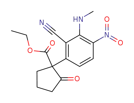 Molecular Structure of 333458-84-7 (Cyclopentanecarboxylic acid,
1-[2-cyano-3-(methylamino)-4-nitrophenyl]-2-oxo-, ethyl ester)