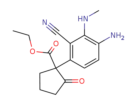 Molecular Structure of 333458-86-9 (Cyclopentanecarboxylic acid,
1-[4-amino-2-cyano-3-(methylamino)phenyl]-2-oxo-, ethyl ester)