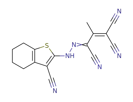 Molecular Structure of 646499-30-1 (1-Propene-1,1,3-tricarbonitrile,
3-[(3-cyano-4,5,6,7-tetrahydrobenzo[b]thien-2-yl)hydrazono]-2-methyl-)