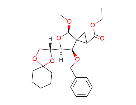 Molecular Structure of 569656-69-5 (5-Oxaspiro[2.4]heptane-1-carboxylic acid,
6-(2R)-1,4-dioxaspiro[4.5]dec-2-yl-4-methoxy-7-(phenylmethoxy)-, ethyl
ester, (4R,6S,7R)-)