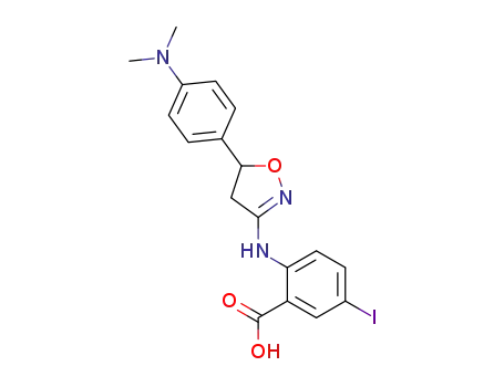 Molecular Structure of 639466-07-2 (Benzoic acid,
2-[[5-[4-(dimethylamino)phenyl]-4,5-dihydro-3-isoxazolyl]amino]-5-iodo-)