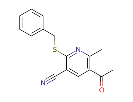 Molecular Structure of 337922-63-1 (5-ACETYL-2-(BENZYLSULFANYL)-6-METHYLNICOTINONITRILE)