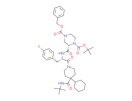 2-[2-(4-<i>tert</i>-butylcarbamoyl-4-cyclohexyl-piperidin-1-yl)-1-(4-fluoro-benzyl)-2-oxo-ethylcarbamoyl]-piperazine-1,4-dicarboxylic acid 4-benzyl ester 1-<i>tert</i>-butyl ester