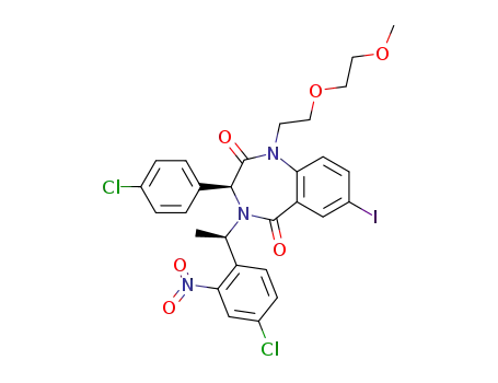 Molecular Structure of 907198-70-3 (4-[1-(4-chloro-2-nitro-phenyl)-ethyl]-3-(4-chloro-phenyl)-7-iodo-1-[2-(2-methoxy-ethoxy)-ethyl]-3,4-dihydro-1<i>H</i>-benzo[<i>e</i>][1,4]diazepine-2,5-dione)