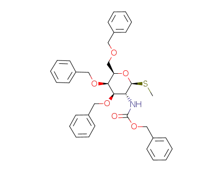 Molecular Structure of 898808-42-9 (methyl 3,4,6-tri-O-benzyl-2-benzyloxycarboxamido-2-deoxy-1-thio-β-D-galactopyranoside)