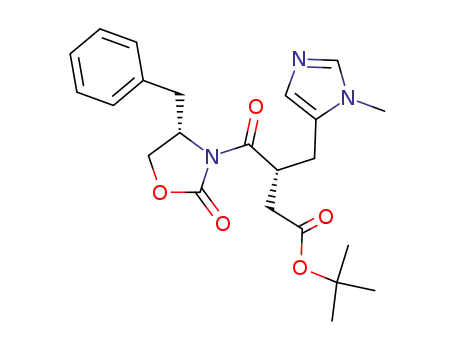 Molecular Structure of 142143-26-8 ((R)-4-((S)-4-Benzyl-2-oxo-oxazolidin-3-yl)-3-(3-methyl-3H-imidazol-4-ylmethyl)-4-oxo-butyric acid tert-butyl ester)