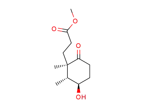 Molecular Structure of 122052-64-6 (3-((1R,2R,3R)-3-Hydroxy-1,2-dimethyl-6-oxo-cyclohexyl)-propionic acid methyl ester)