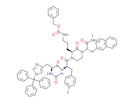 Molecular Structure of 910568-05-7 ({3-[(S)-1-[(R)-2-[(S)-2-Acetylamino-3-(1-trityl-1H-imidazol-4-yl)-propionylamino]-3-(4-fluoro-phenyl)-propionyl]-4-((S)-1-methylcarbamoyl-2-naphthalen-2-yl-ethyl)-3-oxo-piperazin-2-yl]-propyl}-carbamic acid benzyl ester)