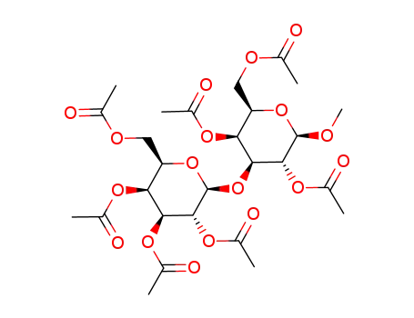 Molecular Structure of 102854-37-5 (Acetic acid (2R,3S,4S,5R,6R)-5-acetoxy-2-acetoxymethyl-6-methoxy-4-((2S,3R,4S,5S,6R)-3,4,5-triacetoxy-6-acetoxymethyl-tetrahydro-pyran-2-yloxy)-tetrahydro-pyran-3-yl ester)