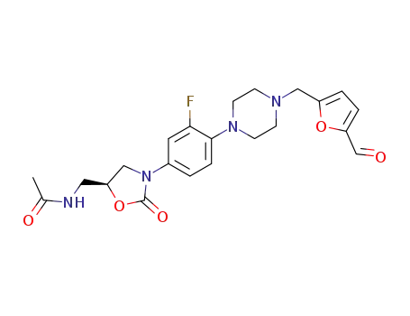 Molecular Structure of 392659-24-4 (Acetamide,
N-[[(5S)-3-[3-fluoro-4-[4-[(5-formyl-2-furanyl)methyl]-1-piperazinyl]phenyl
]-2-oxo-5-oxazolidinyl]methyl]-)