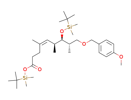 Molecular Structure of 827603-15-6 (4-Nonenoic acid,
7-[[(1,1-dimethylethyl)dimethylsilyl]oxy]-9-[(4-methoxyphenyl)methoxy]-4,
6,8-trimethyl-, (1,1-dimethylethyl)dimethylsilyl ester, (4Z,6S,7R,8S)-)