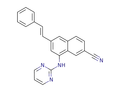 Molecular Structure of 823236-25-5 (2-Naphthalenecarbonitrile,
6-[(1E)-2-phenylethenyl]-8-(2-pyrimidinylamino)-)